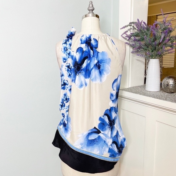 New York & Co. Floral Tie Neck Sleeveless Blouse Blue Tan Small - Picture 6 of 11